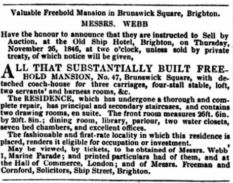 Image of a newspaper cutting showing the details of the auction of number 47 Brunswick Square
