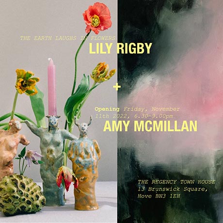Poster image with yellow text against a split background: on the left a photo of strange animal-form ceramic and three flowers; on the right, an abstract painting in pink, greys and black. 