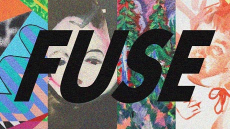 Poster for FUSE exhibition, with F U S E in black on a montage of four images