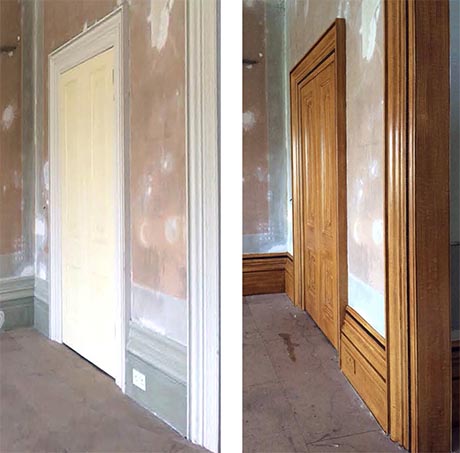 Before and after photos of woodgraining on door and frame