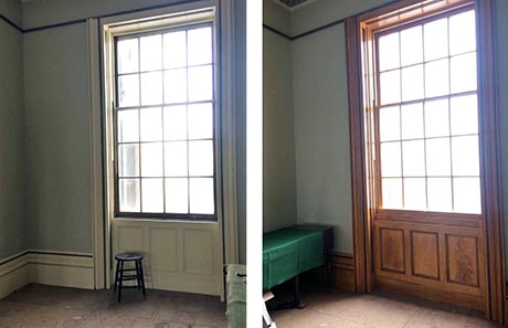 Photo showing sash window before and after graining