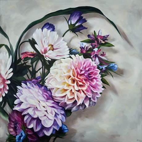 Painting of flowers in lilac, white and pink, against a grey background