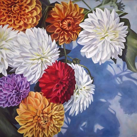 Painting of brightly coloured flowers in white, red, orange and purple, against a blue-grey background.