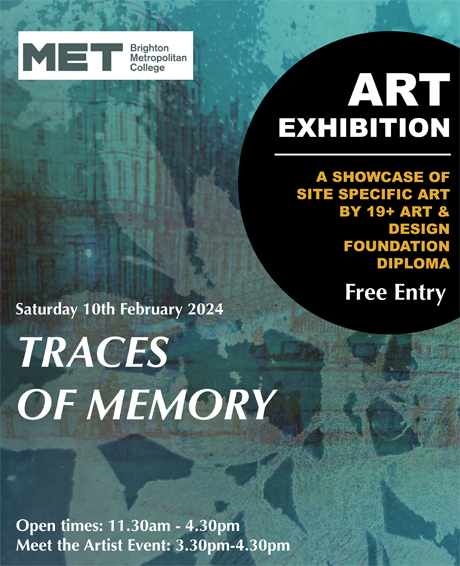 Poster for MET exhibition with title 'Traces of Memory' on abstract green blue background.