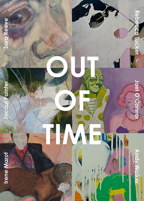 Poster for 'Out of Time' exhibition, featuring six sections each illustrating a detail from a painting and including artist's name