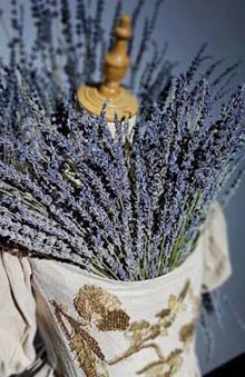 Detail of white dress embroidered with gold thread and with a large bundle of lavender protruding from the neck