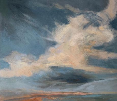 Abstract painting by Sarah Weedon, depicting land with big sky, predominantly in blue, brown, pink and white.