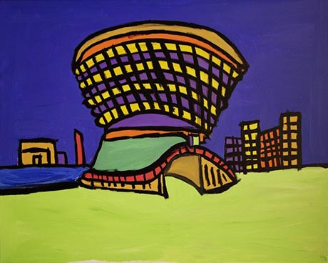 Painting by Thompson Hall showing modern building in purple and yellow set on a green foreground against a deep blue sky. More modern office buildings are in the background. 
