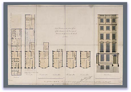 Architect's drawing of plans and elevation of a Regency town house