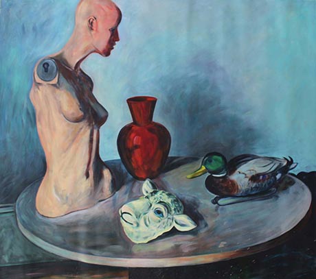 Abstract still life featuring a mannequin, sheep's head, vase and duck on a table, against a blue background