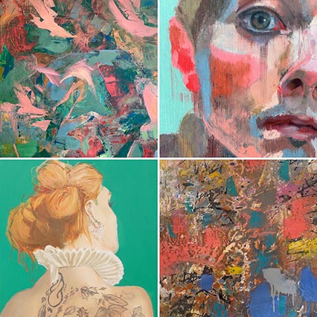 A combination image showing four details from colourful abstract paintings arranged in a square