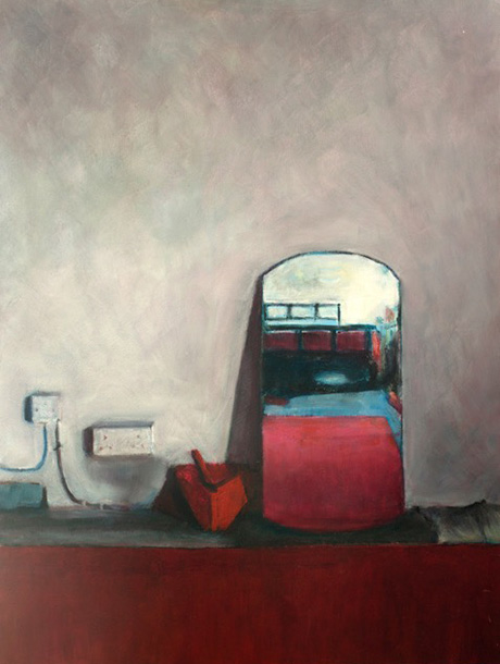 Painting depicting a mirror on a red table reflecting a bed behind the viewer