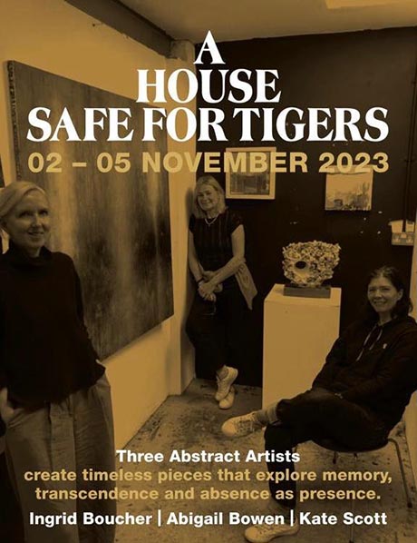 Poster for exhibition, white text on a photograph of three women in a room with artworks