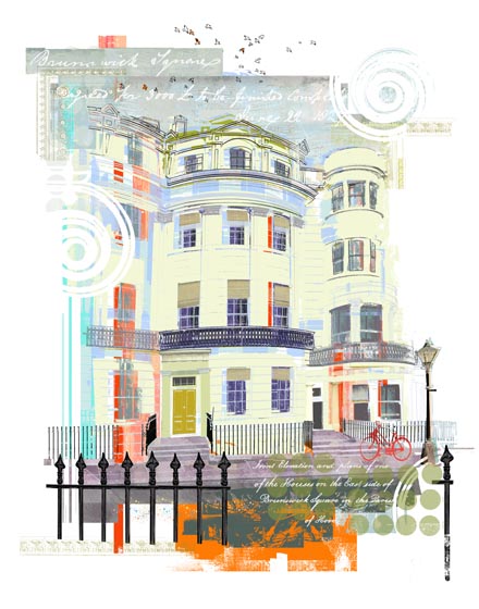 Screen print of The Regency Town House, showing the house facade, railings, adjoining buildings and embellished with Regency architectural motifs.