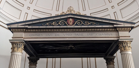 A colour photo of a pediment inside the church