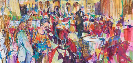 Colourful painting of a busy cafe interior, with a waiter mid-frame and two female figures in the left foreground.