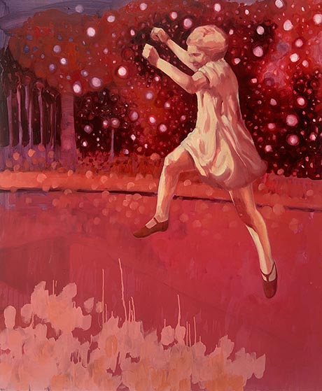 Painting in red and black depicting a young girl jumping up in the air against an abstract background