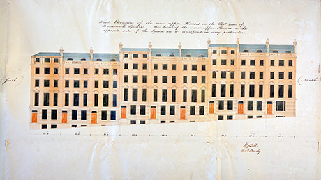 Architectural drawing of the elevation of a terrace of nine, six-storey Georgian houses, with hand written annotation