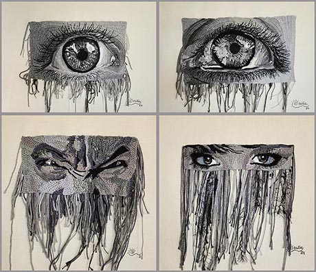 Grid of four pictures, black and white artworks depicting parts of faces made from textile with threads hanging loose below