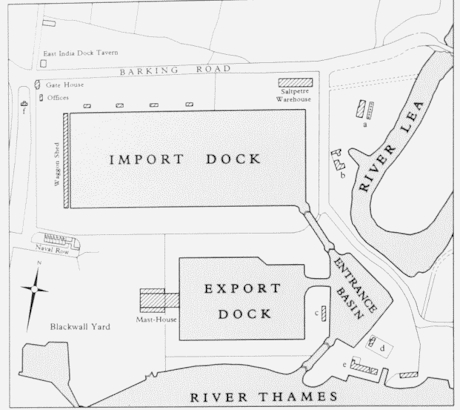 monochrome map of the layout of docks