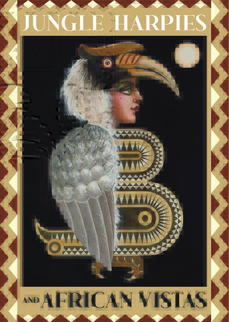 Exhibition flyer with graphic image of the face of a woman morphed into the body of a bird, decorated with geometric designs and border.
