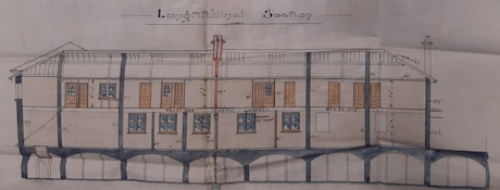 Colour drawing of architects plans showing the west elevation