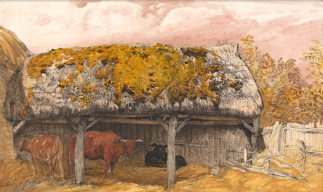 A colour painting of an open wooden shelter with a thatched roof