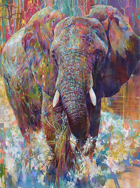 Large painting of an elephant, depicted with bold splashes of bright colours.