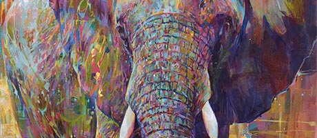 Large painting of an elephant, depicted with bold splashes of bright colours.