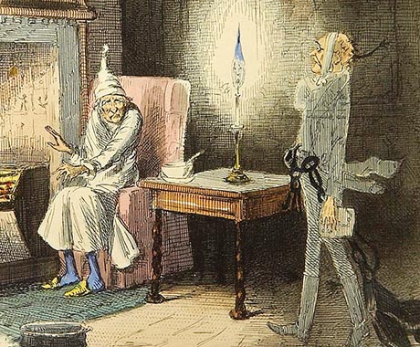 Etching of Marley's Ghost, showing Scrooge sat by the fireside being visited by the ghost