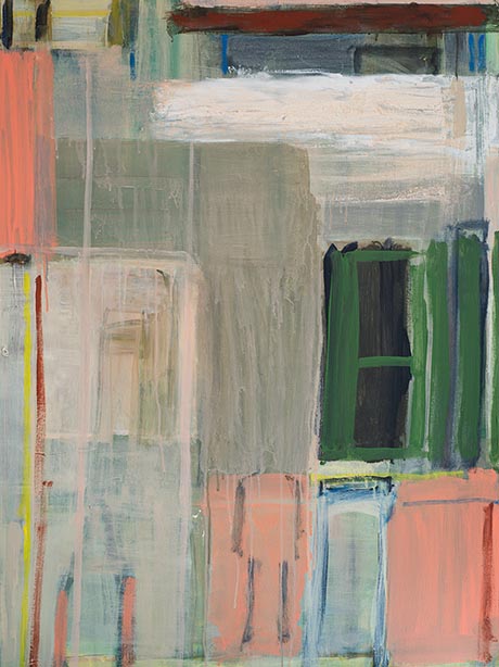 Abstract painting consisting of roughly vertical and horizontal areas of colour, including the suggestion of a figure, door and window.