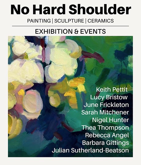 No Hard Shoulder exhibition poster, featuring an image of abstract foliage in green and cream, with a list of artists and event information. 