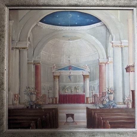 A colour painting of the inside of the chapel