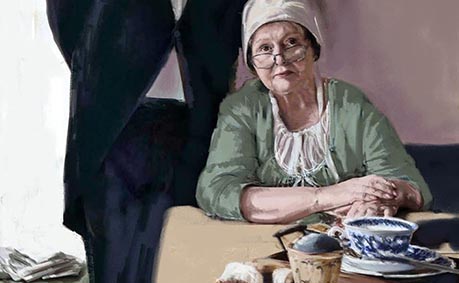 Image in painterly style of a housekeeper, seated and wearing a green dress and white bonnet. A butler stands behind her.