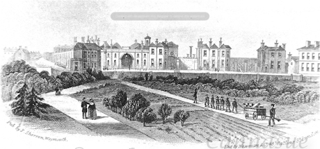 An old monochrome engraving of a prison building