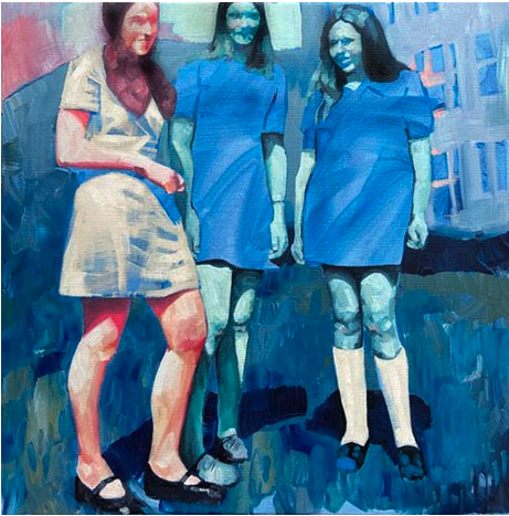 Painting of three girls, two dressed in blue, one in white, against a predominantly blue, urban background