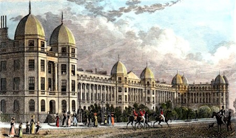 Coloured engraving of a grand building