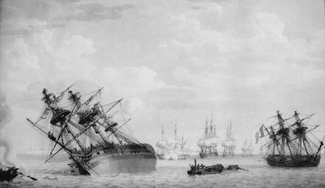 monochrome painting of a shipwreck