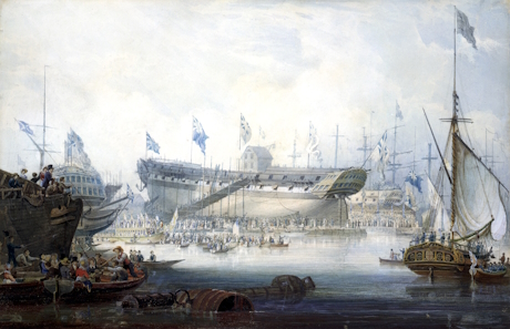 colour painting of a ship being launched