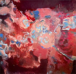 Thumbnail of abstract painting in billowing shades of red and pink with blue detail