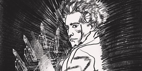 Black and white sketch drawing of Artaud 