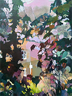 Thumbnail image of abstract landscape paining depicting the window of a building seen through foliage