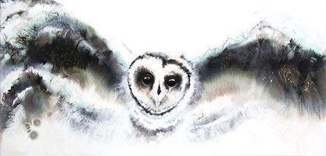 Painting of an owl in flight with wings outstretched, viewed from head-on.