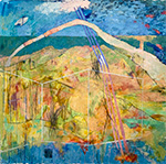 Thumbnail image of abstract lanndscape painting in yellows and greens against a blue background, overlaid with thin geometric shapes