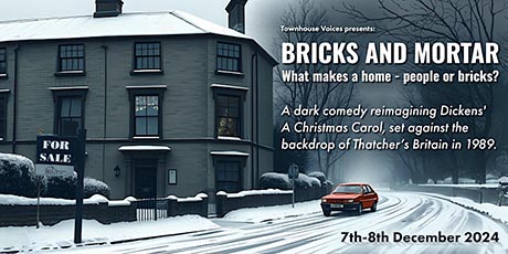 Poster for Bricks & Mortar, featuring a house with a For Sale sign, all covered in a layer of snow. 