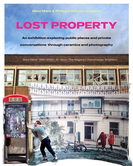 Exhibition poster featuring a derelict factory building, a Georgian terrace and a man pressing his hands against a phone box