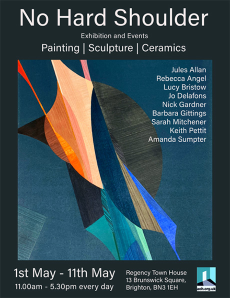 Poster for exhibition, featuring abstract painting with blue and orange geometric shapes