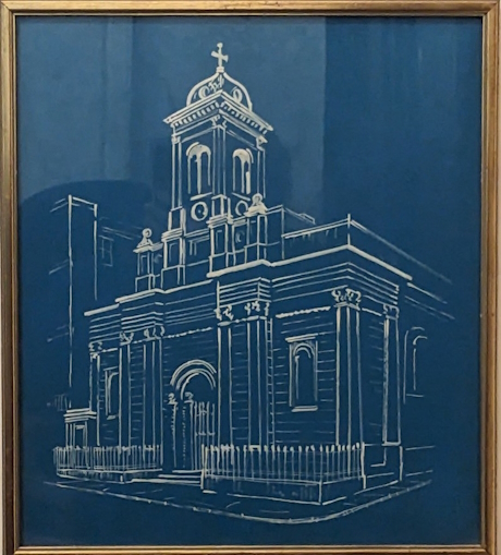 A blue painting of the church